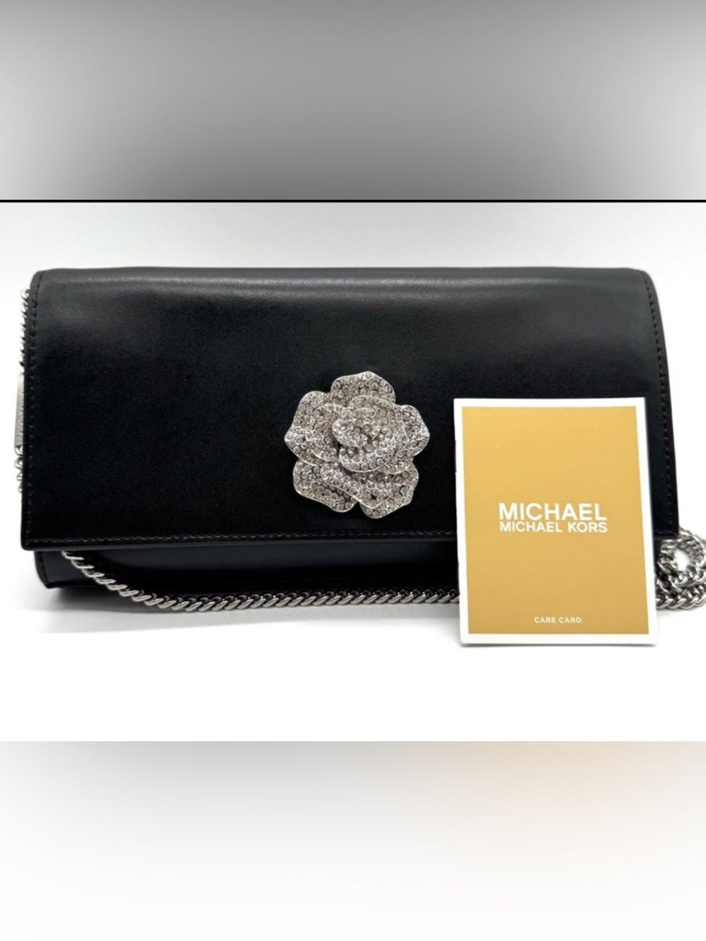 Michael Kors Bellamie Black Leather Crystal Flower Evening Clutch Bag - Picture 2 of 10